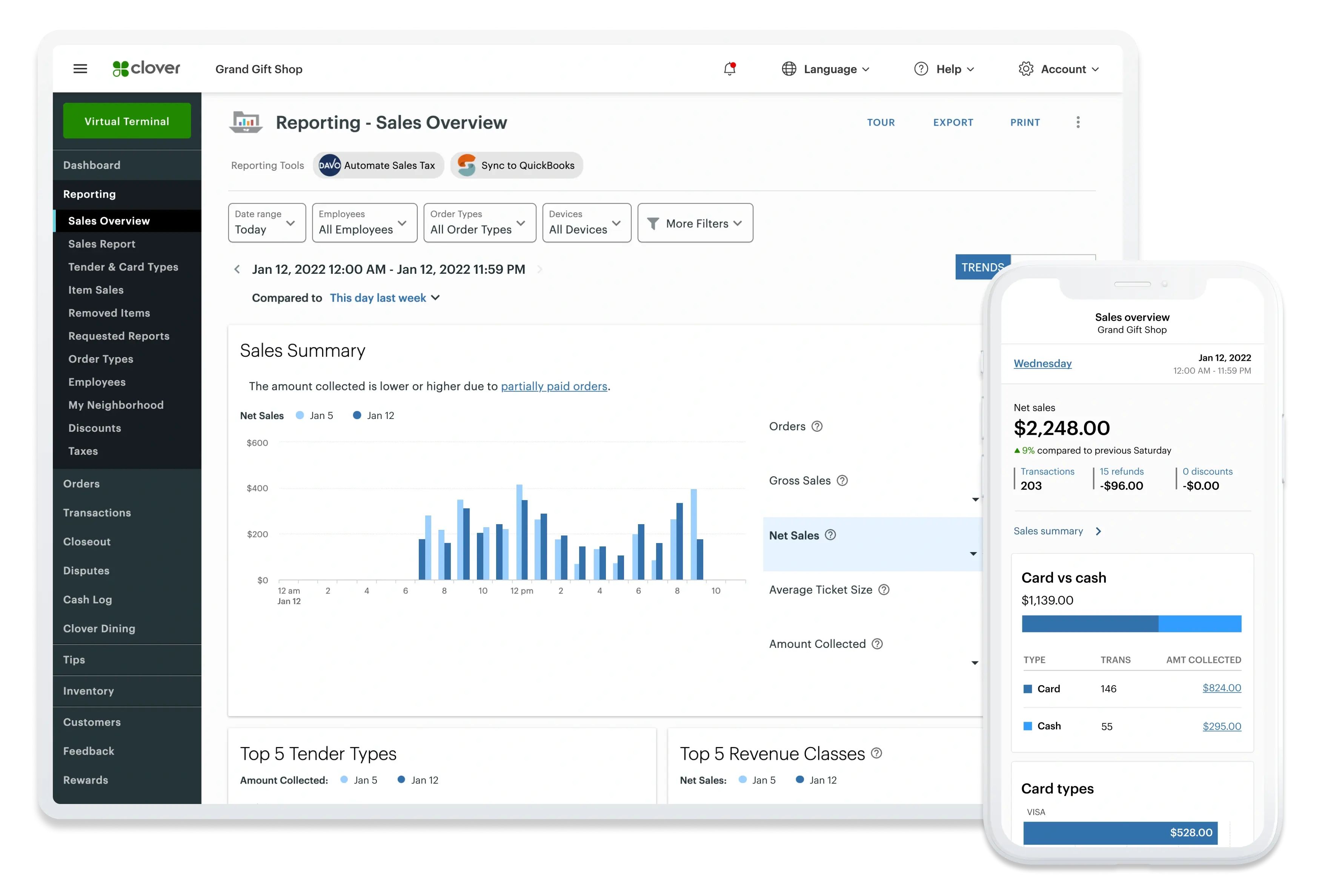 Clover reporting dashboard on desktop and mobile