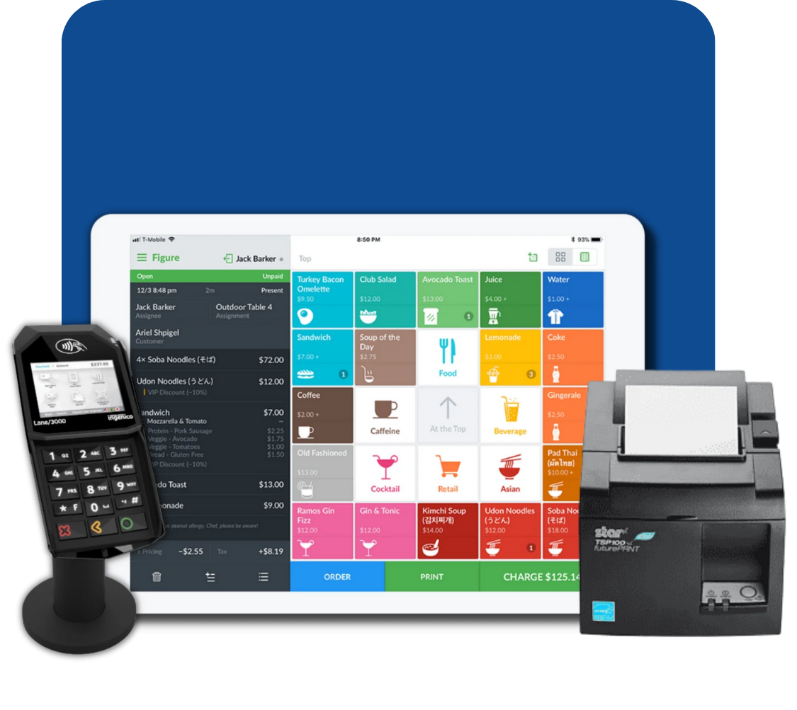 Figure POS terminal, pin pad, and receipt printer bundle