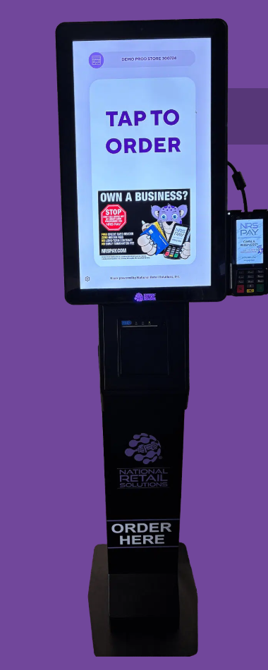 NRS self-ordering kiosk on a floor stand